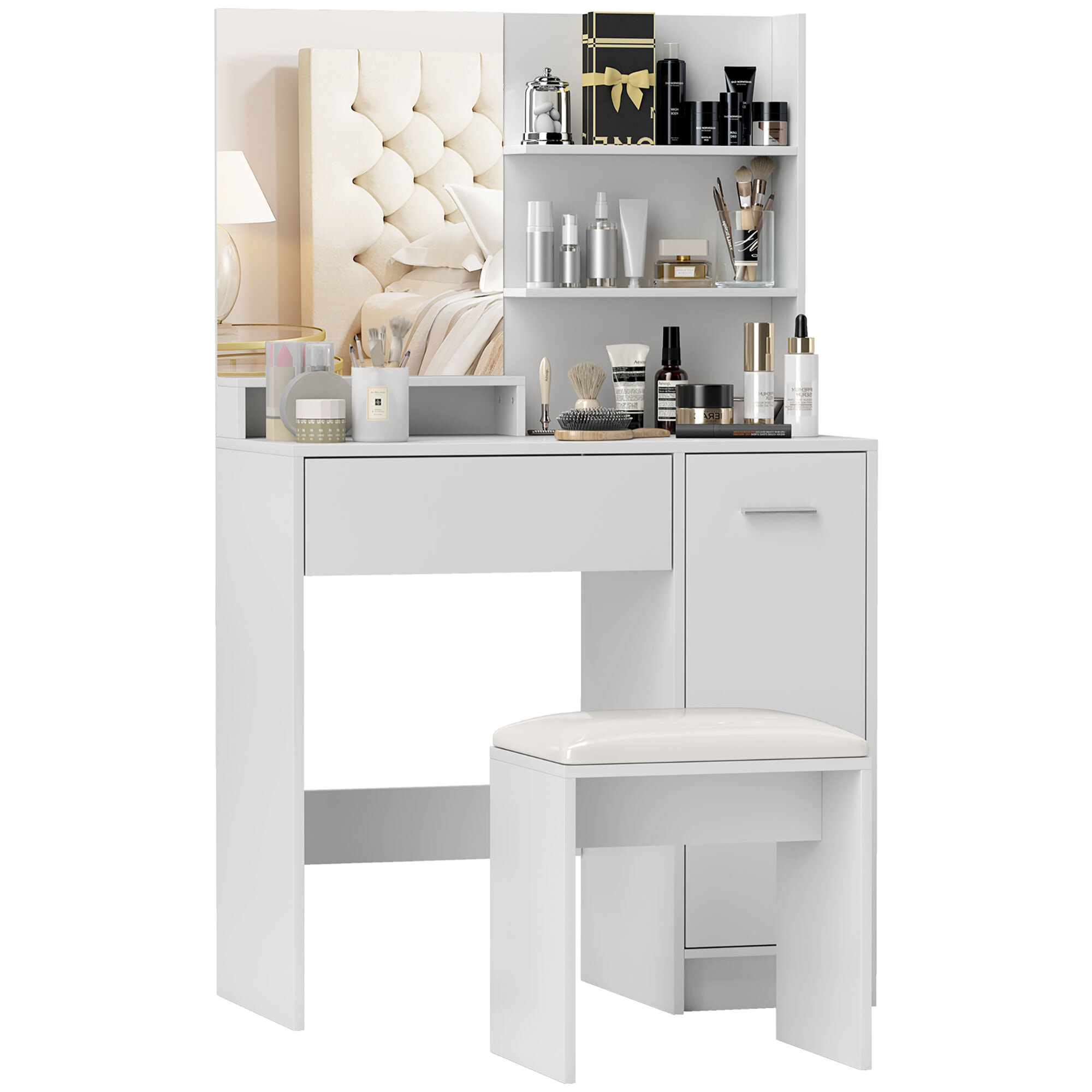 Ensemble coiffeuse miroir avec tabouret - porte, tiroir, 4 étagères, niche - blanc