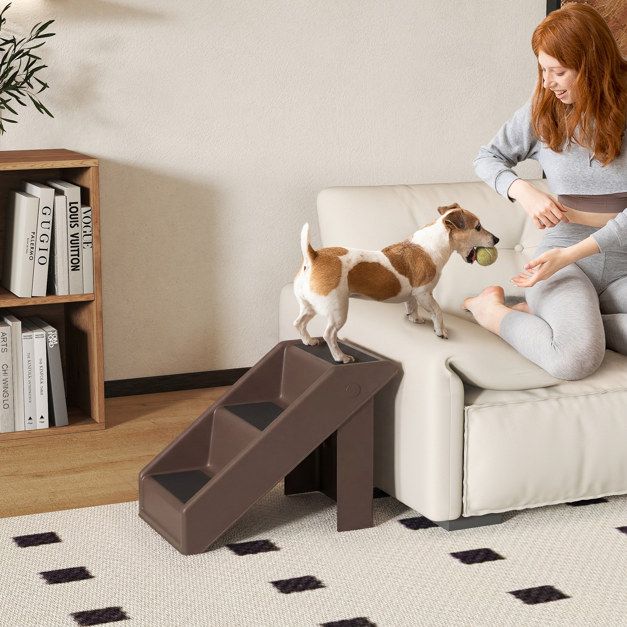Escalera para Perros Plegable de 3 Peldaños, Portátil, Escalera para Mascotas Mayores, Perros Pequeños, Gatos, para Cama, Sofá, 53x30,5x36,5 cm, Marrón