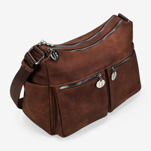 Bolso bandolera marrón con bolsillos y doble cremallera