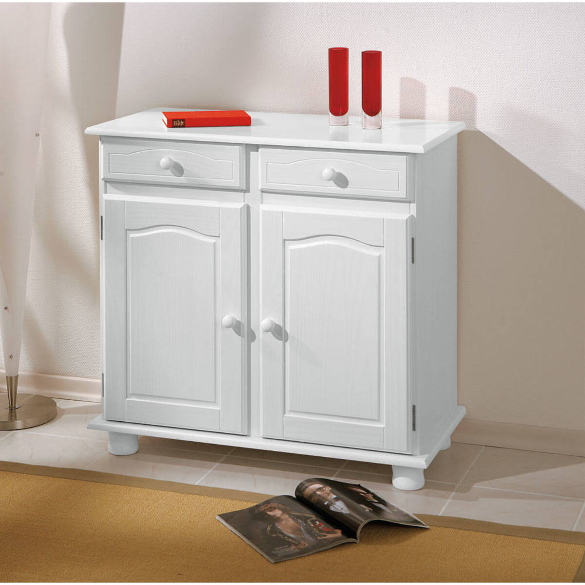 Buffet 2 ante 2 cassetti in pino massello verniciato ad acqua bianco, 88x43x87h cm colore Bianco