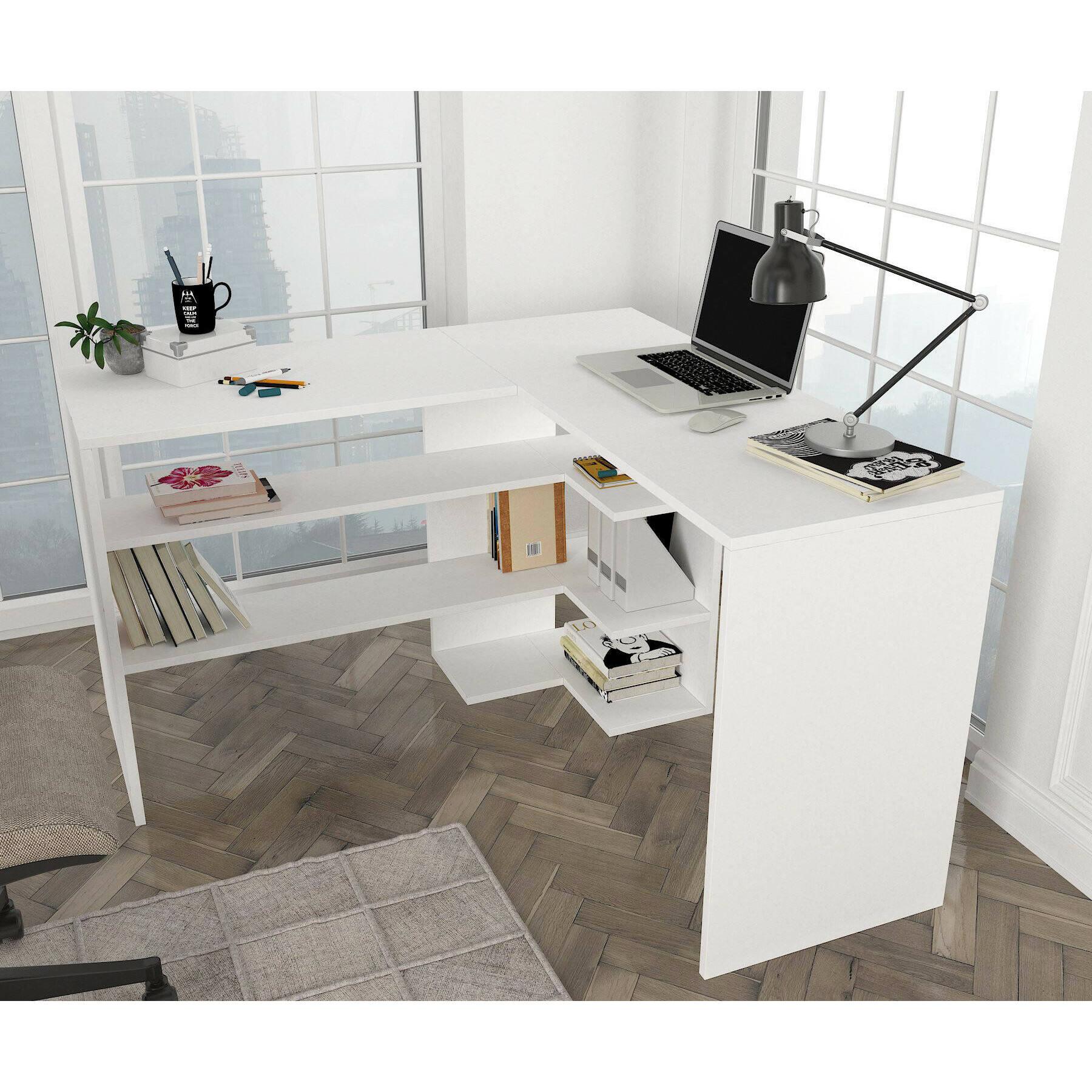 Scrivania Dkon, Scrittoio multiuso, Tavolo per ufficio porta PC, Piano di lavoro, 120x120h74 cm, Bianco