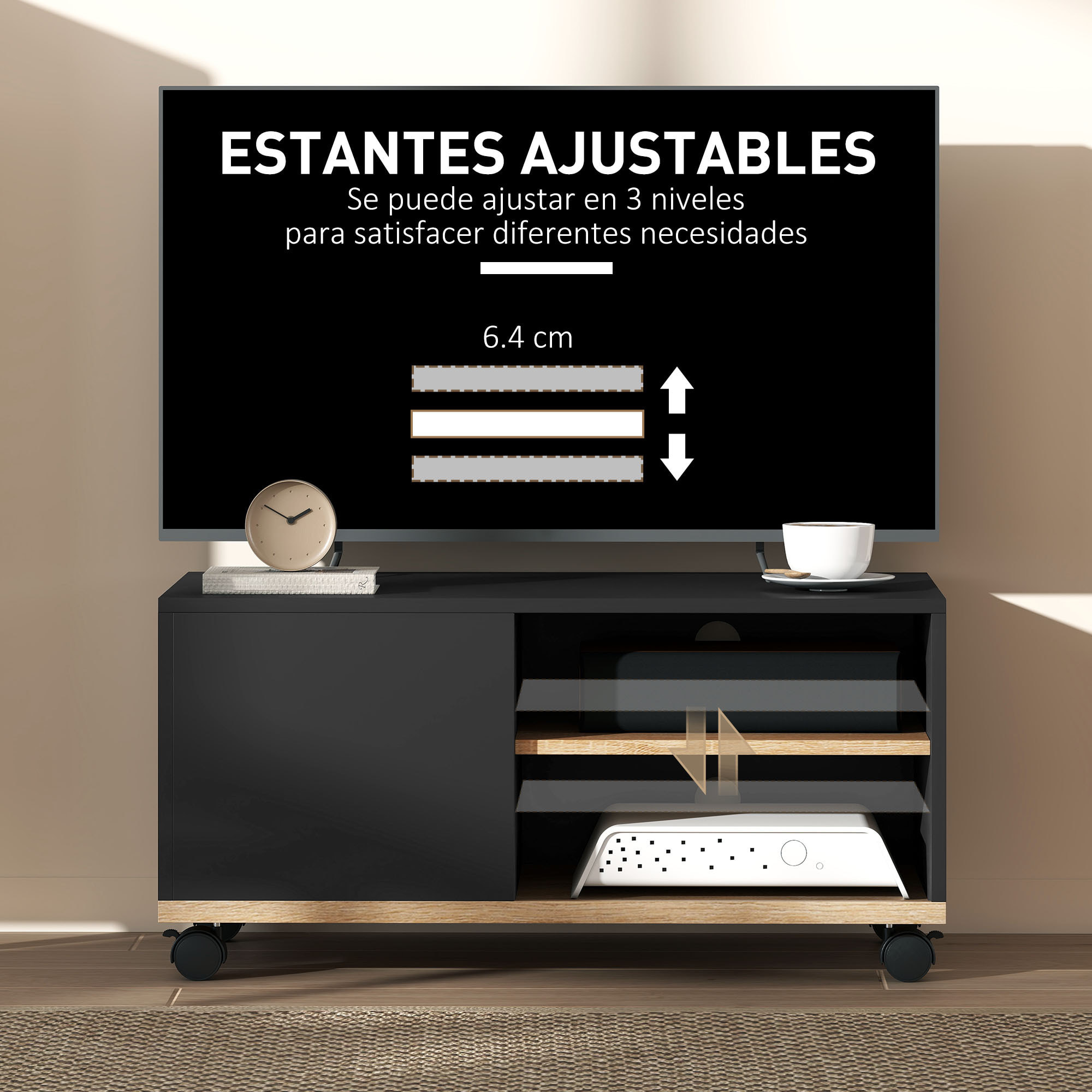 Mueble de TV con Ruedas, Mesa de TV Móvil, Mueble para Televisión hasta 42 Pulgadas, con 1 Puerta, 2 Compartimentos Abiertos, Estante Ajustable, para Salón, Comedor, Dormitorio, Negro