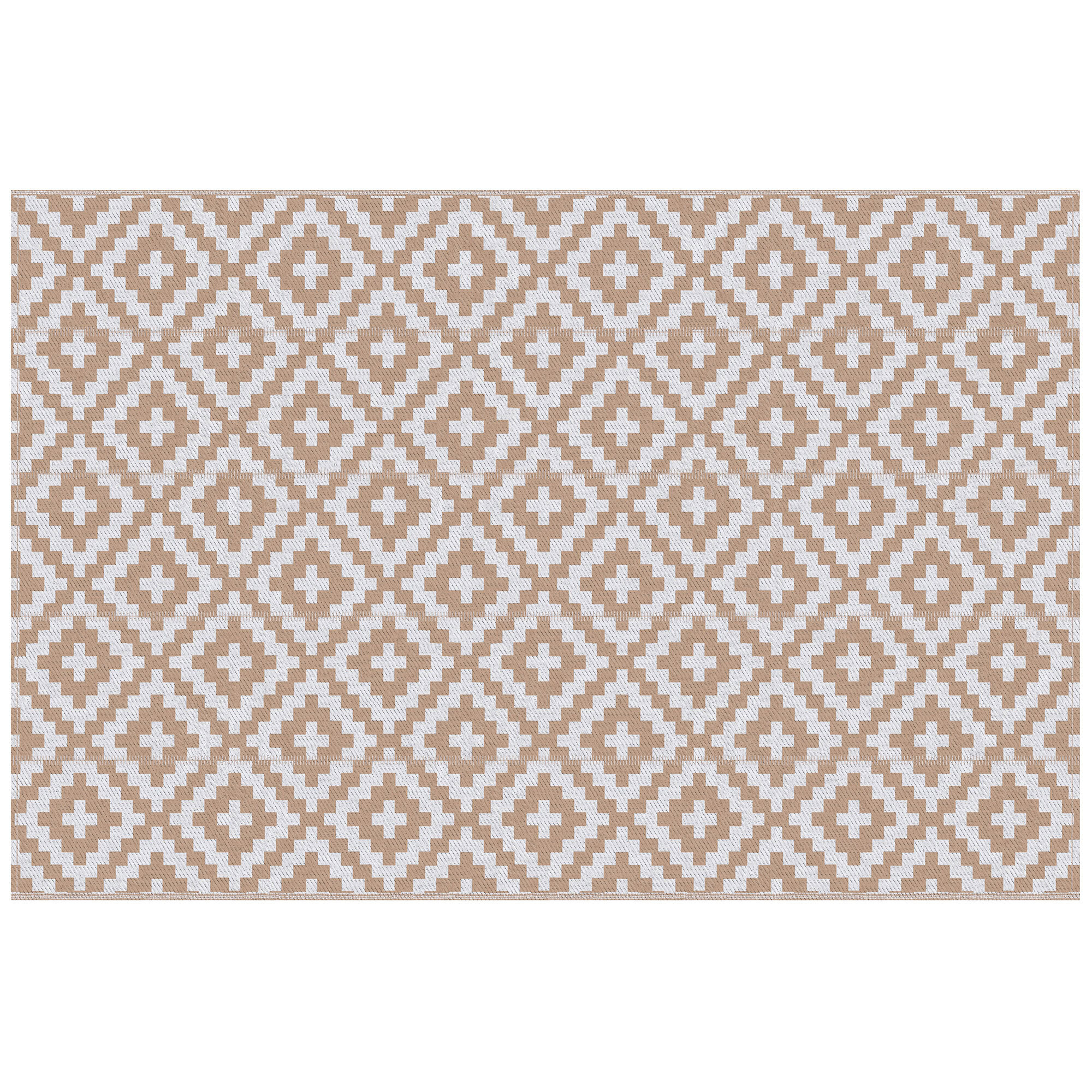 Alfombra de Exterior 182x274 cm Alfombra Reversible con Patrón Geométrico de Rombos Impermeable para Terraza Balcón Patio Camping Playa Blanco y Café