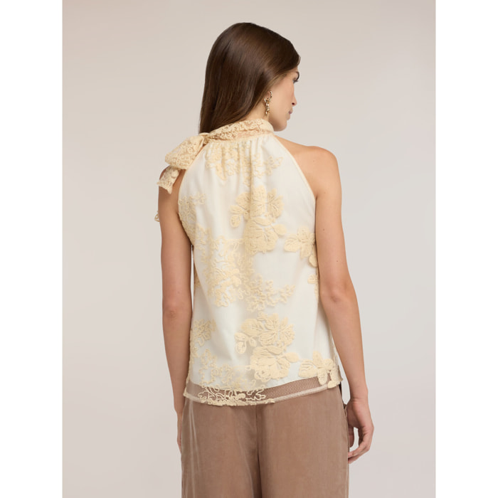 Motivi - Top in pizzo con ricami e collo halter - Beige