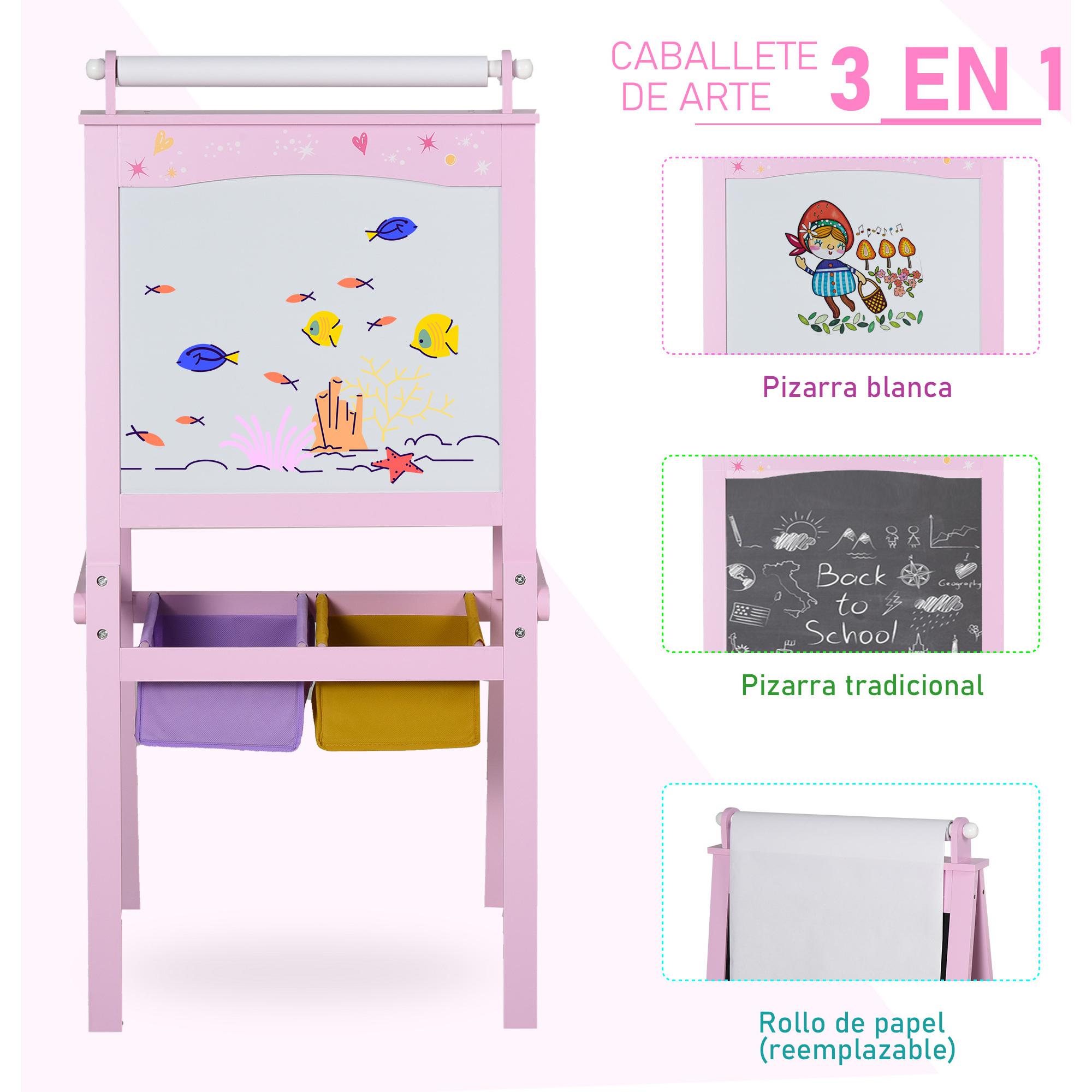 Pizarra Infantil Caballete 3 en 1 Pizarra de Doble Cara Caballete para Niños de +3 Años con Rollo de Papel y 2 Cestas de Almacenamiento 58,5x50,5x118 cm Rosa