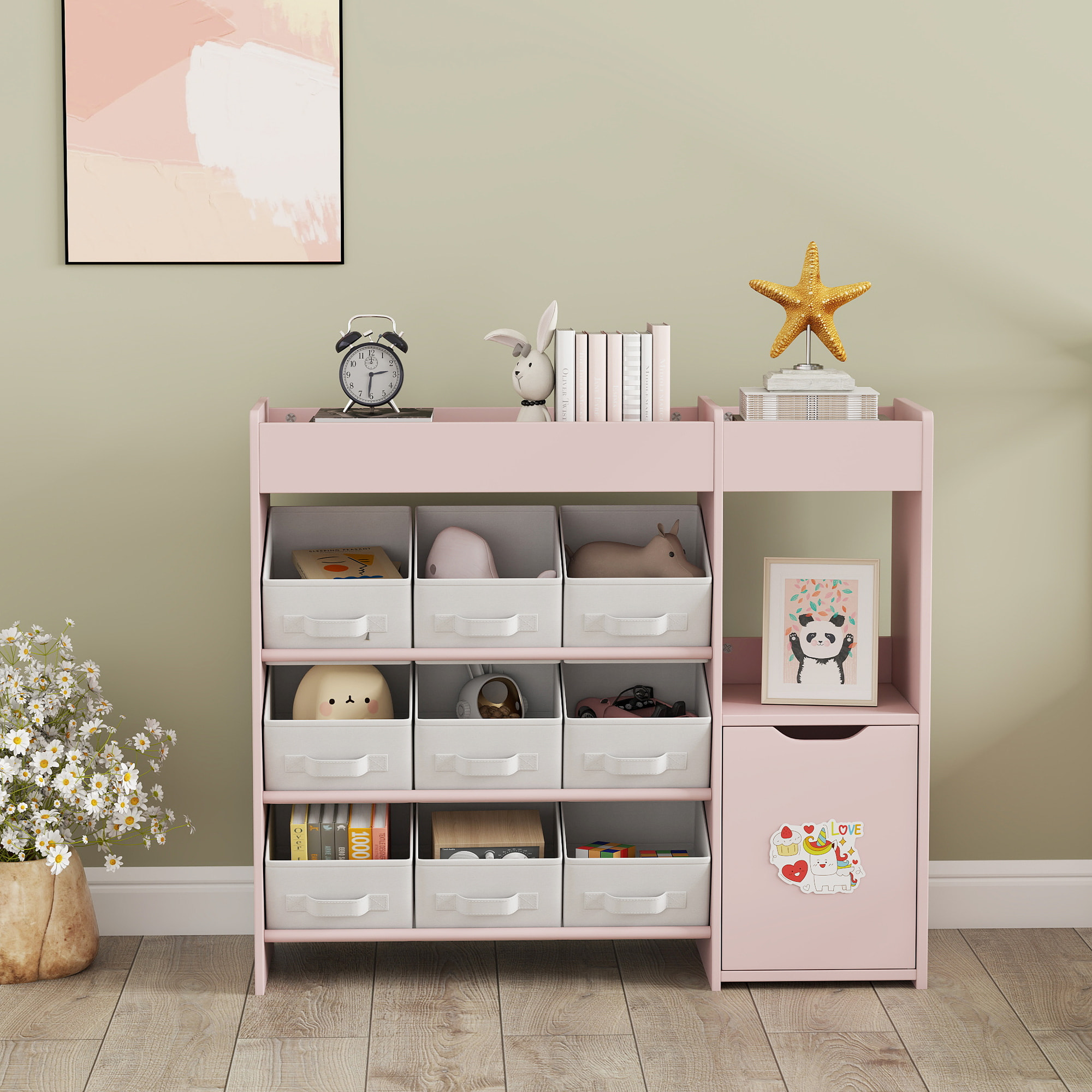 Etagère de rangement enfant pour jouets livres - 9 boîtes amovibles non-tissé - porte, niche, 2 compartiments - blanc rose