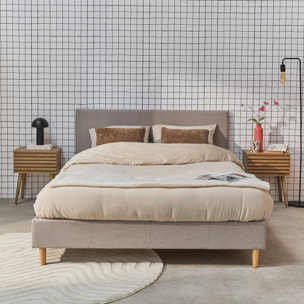 Lit avec sommier à lattes et tête de lit. finition tissu. beige. L 202 x P 148 x H 89cm