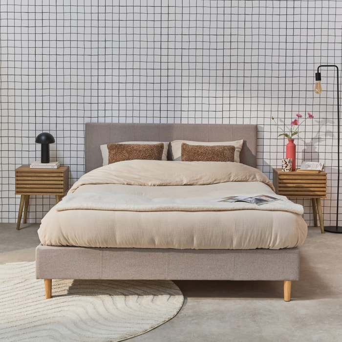 Lit avec sommier à lattes et tête de lit. finition tissu. beige. L 202 x P 148 x H 89cm