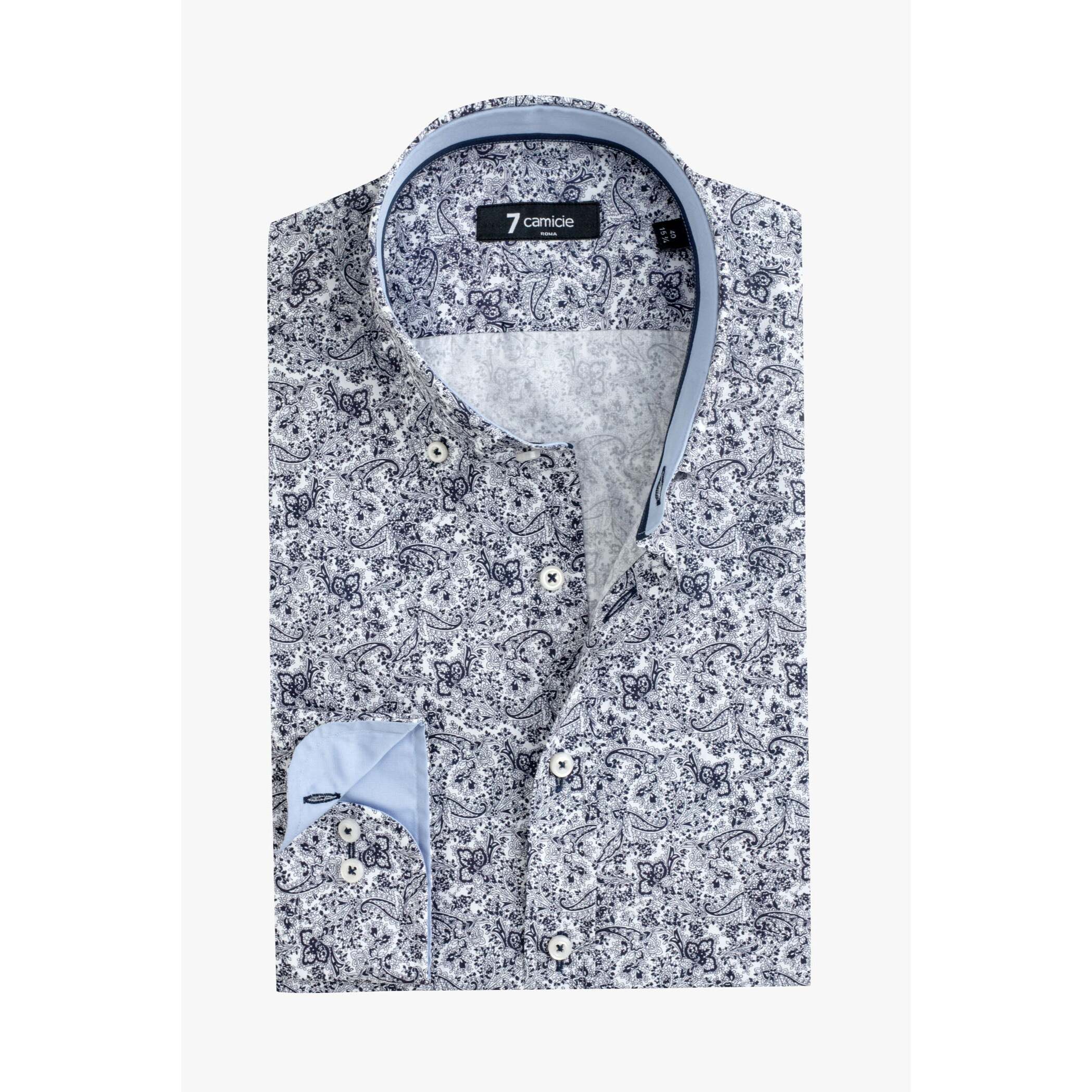 camicia uomo 1 bottone button down slim Popeline Stampato Bianco e Blu