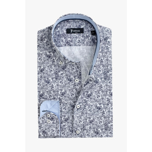 camicia uomo 1 bottone button down slim Popeline Stampato Bianco e Blu