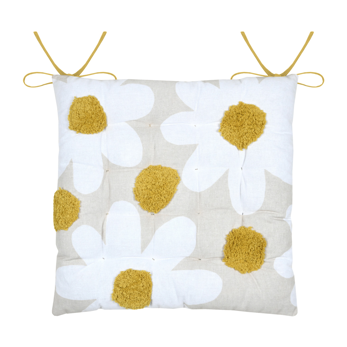 Galette de chaise en polycoton capitonnée à motif marguerites - Jaune moutarde