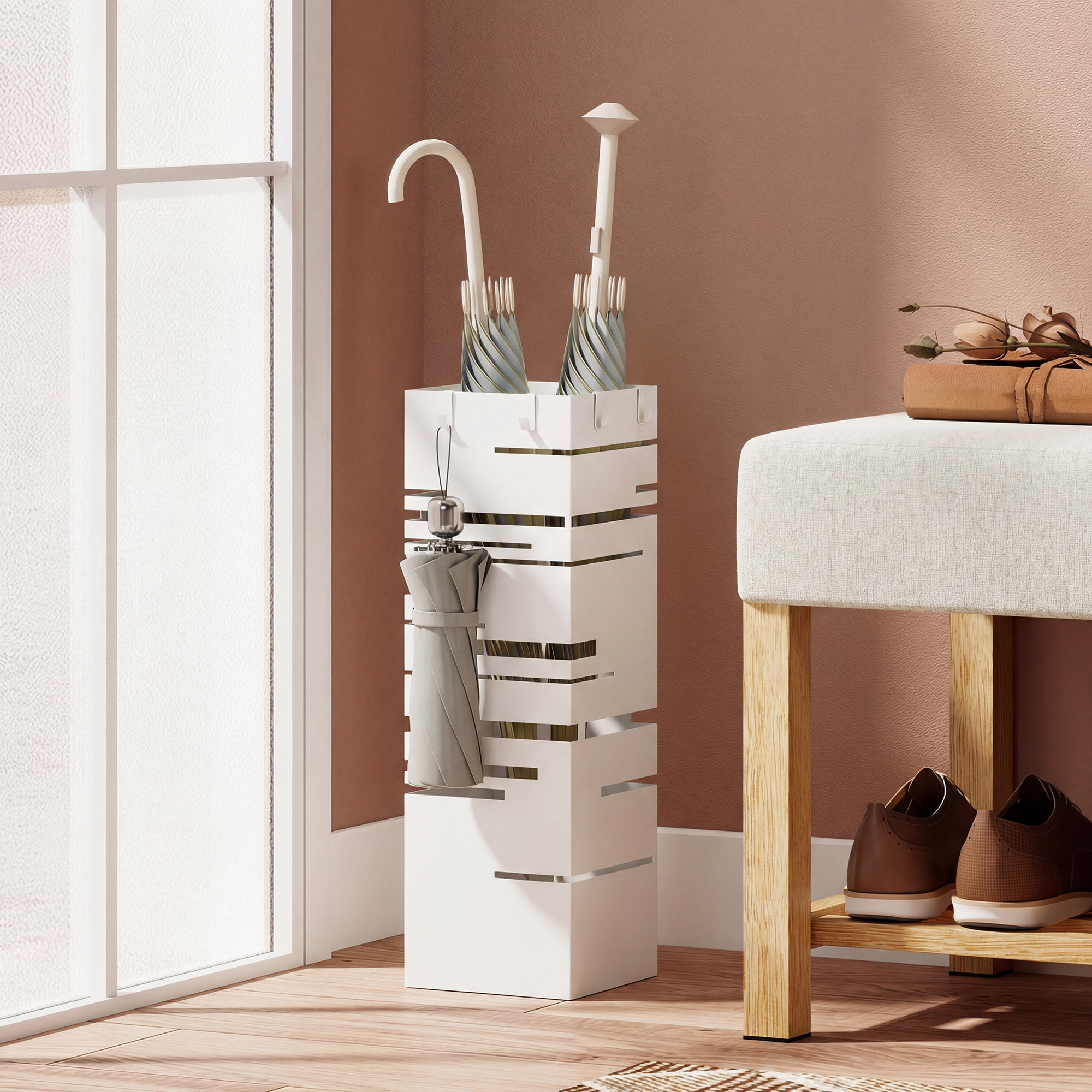 ParagÃƒÂ¼ero Metálico, Soporte de Paraguas con 4 Ganchos y Bandeja de Goteo Extraíble, ParagÃƒÂ¼ero Blanco para Entrada, Oficina, 15,5x15,5x49 cm