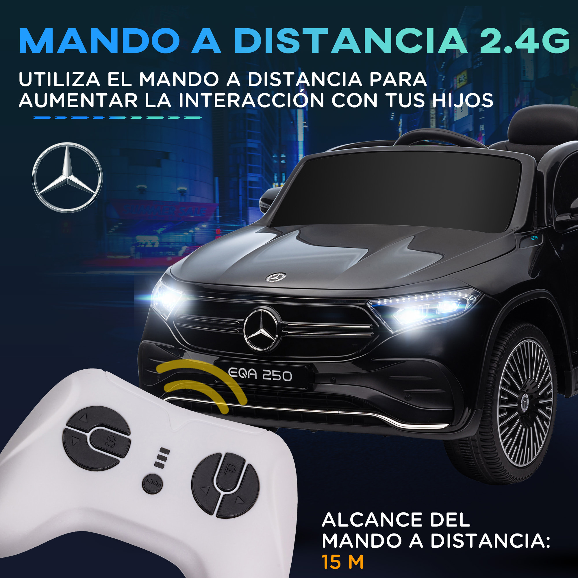 Coche Eléctrico para Niños Mercedes-Benz EQA Coche de Batería 12V con Control Remoto Música Bocina Velocidad 3-8 km/h para Niños de 3-8 Años 111,5x69x52,5 cm Negro