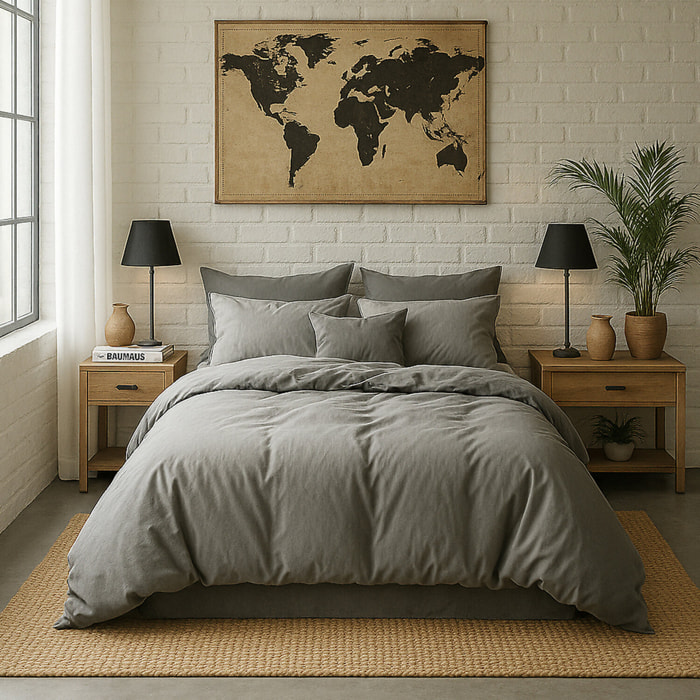 Housse De Couette 100% Percale De Coton Lavé Gris Perle