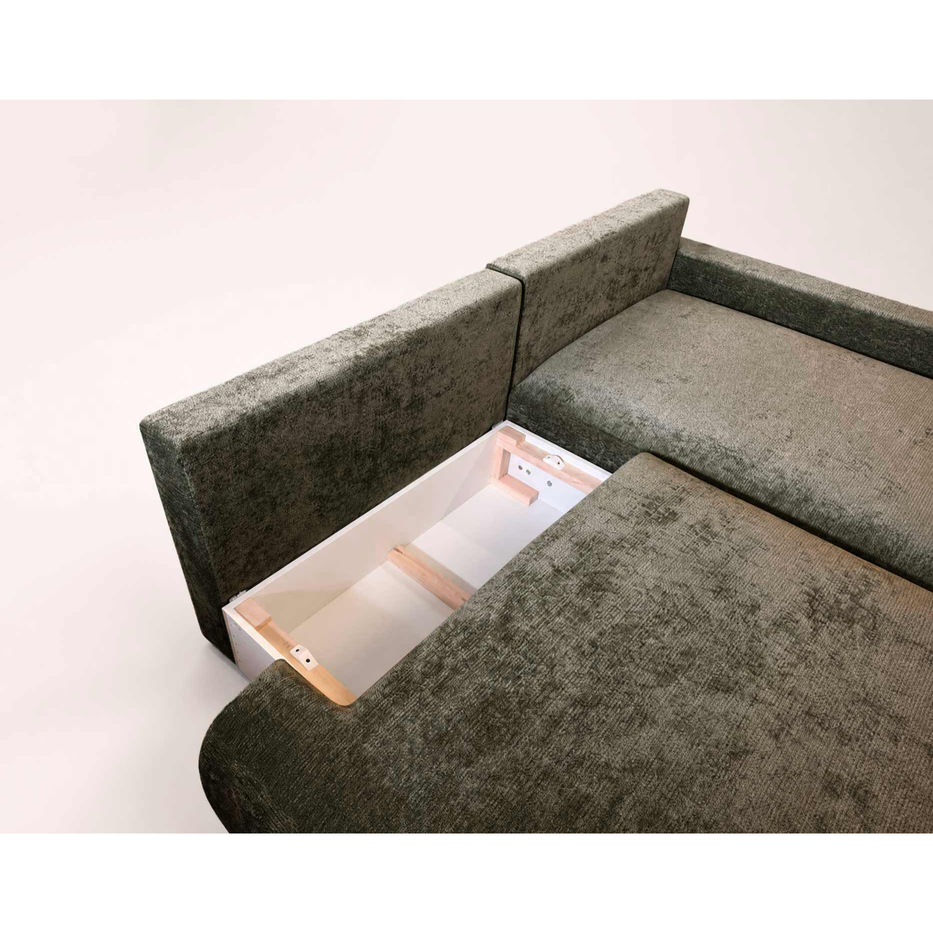 Pivoine - Canapé d'angle ouvert droit 4 places convertible avec coffre en tissu texturé - Vert Kaki