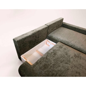 Pivoine - Canapé d'angle ouvert droit 4 places convertible avec coffre en tissu texturé - Vert Kaki