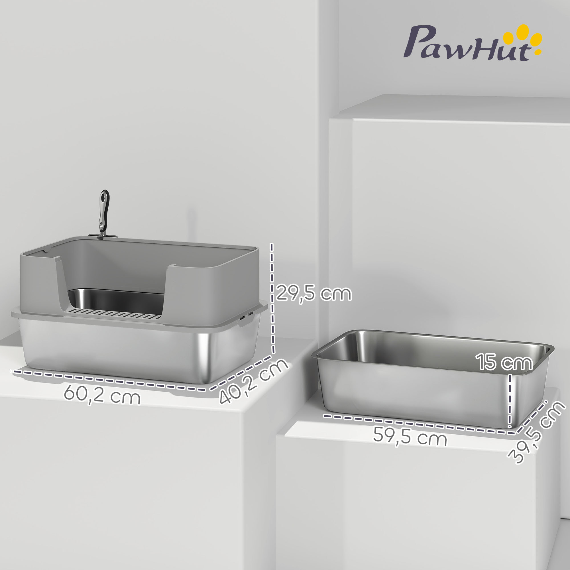 Arenero para Gatos de Acero Inoxidable XL Caja de Arena para Gatos Arenero con Borde Alto Pala Fácil de Limpiar Prueba de Fugas 60x40x29,5 cm Gris