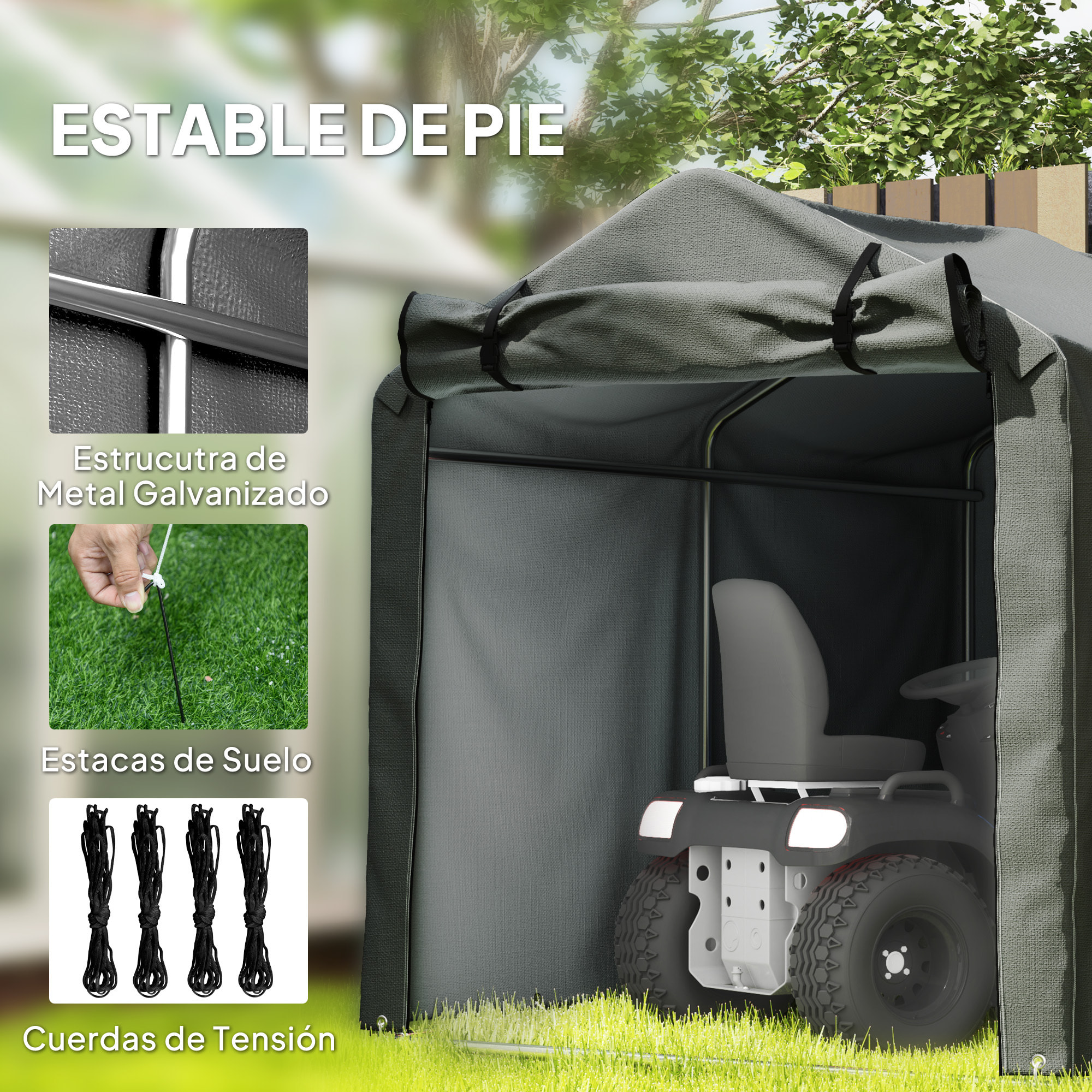 Carpa de Jardín Exterior para Herramientas Bicicletas 2,2x1,57x1,65 m, Cobertizo Exterior con Puerta Desmontable con Cremallera, Impermeable, Anti-UV, Garaje Portátil, Gris Oscuro