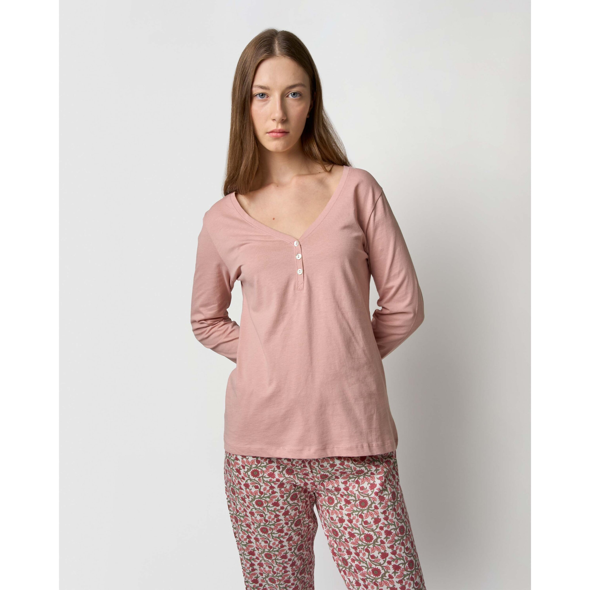 Pigiama lungo in cotone con scollo a V, stile amazon, rosa