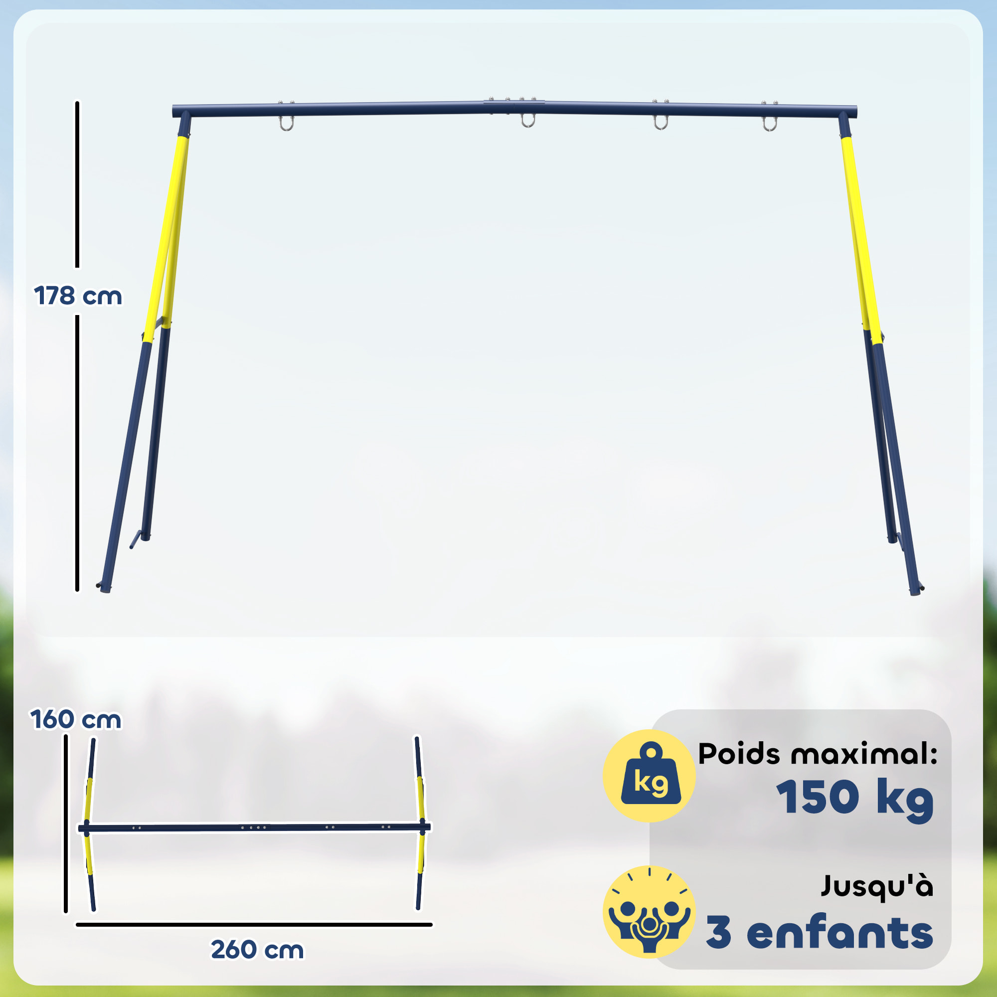 Portique balançoire double 4 crochets acier max. 150 Kg jaune bleu