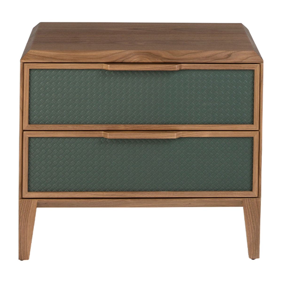 Mesita de noche Angel Cerdá con estructura de PVC en verde oscuro y patas de madera chapada en nogal natural 60x40x51cm