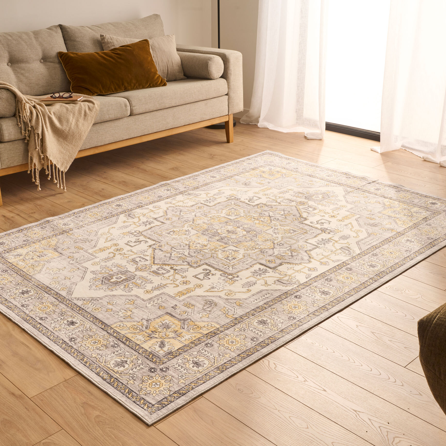 OTTOMAN - Tapis à poils courts doux à motif oriental jaune