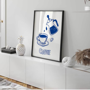 Affiche encadrée cafetière et tasse bleue Affiche + cadre en métal - Noir