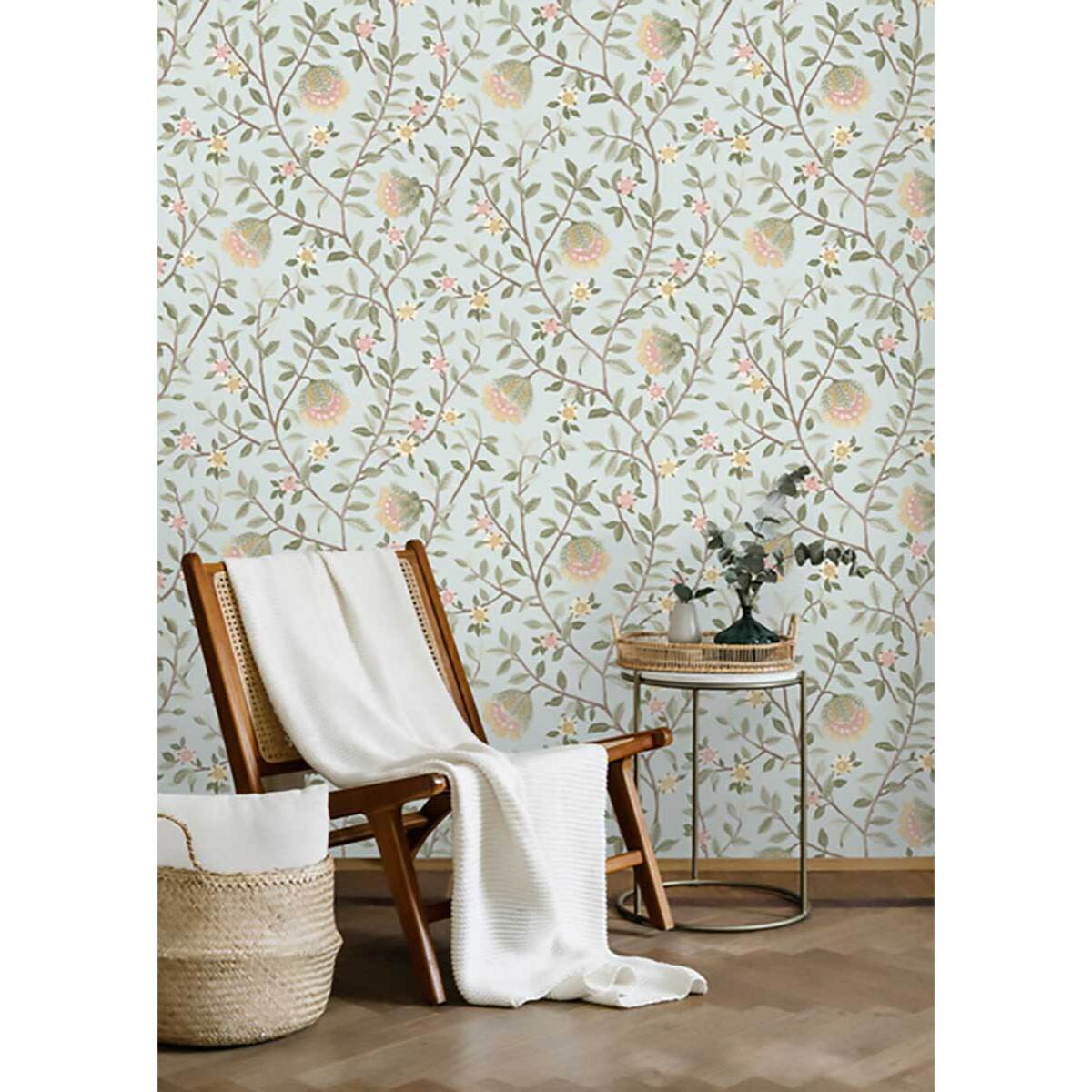 Papier peint fleuri botanique fond bleu glacier