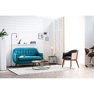 Canapé scandinave déhoussable 2 places en tissu bleu canard et bois clair YNOK