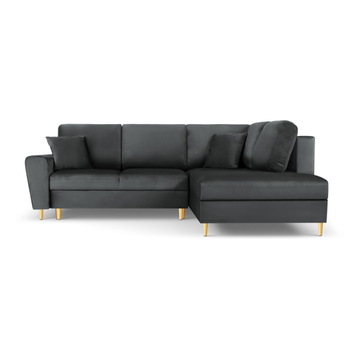 Canapé d'angle droit convertible avec coffre de rangement "Kyoto" 5 places en velours gris foncé