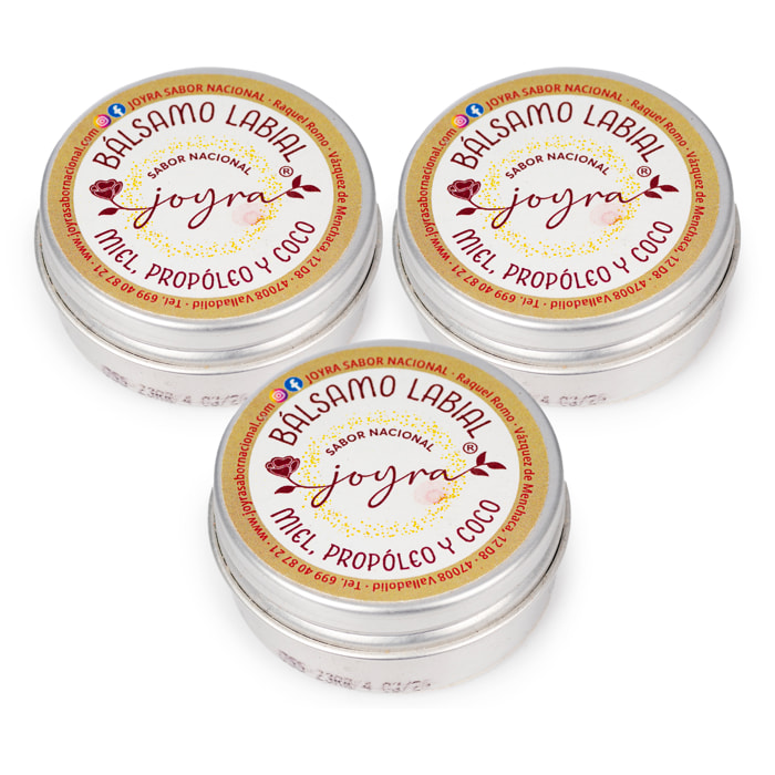 Pack de 3 Bálsamos labiales con miel y propóleo. Sabor a coco, 10gr.