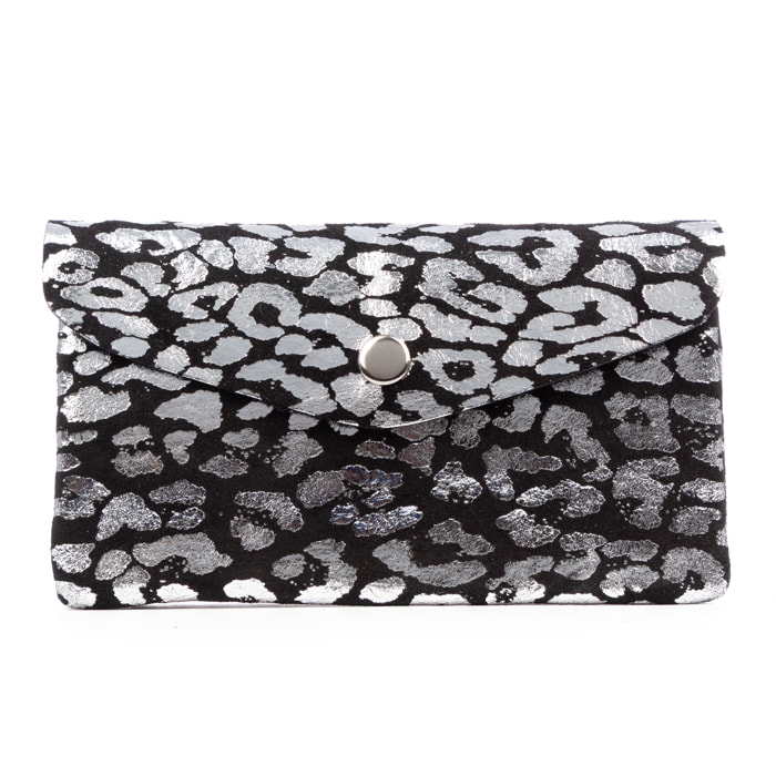 Alseno monedero alargado mujer. Piel auténtica Gamuza, diseño animal print leopardo, lacada brillante.