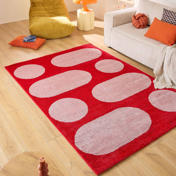 GROOVY - Tapis rétro coloré à motif géométrique - Confortable et moelleux - Rouge