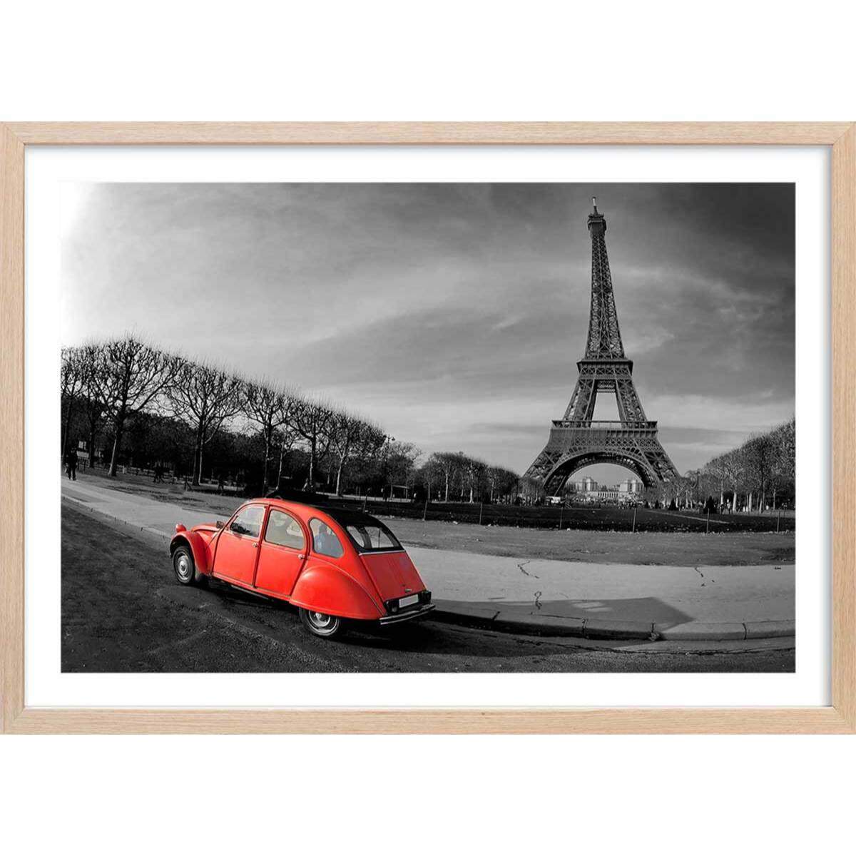 Affiche paris tour eiffel et 2cv rouge Affiche + cadre en bois - Chêne