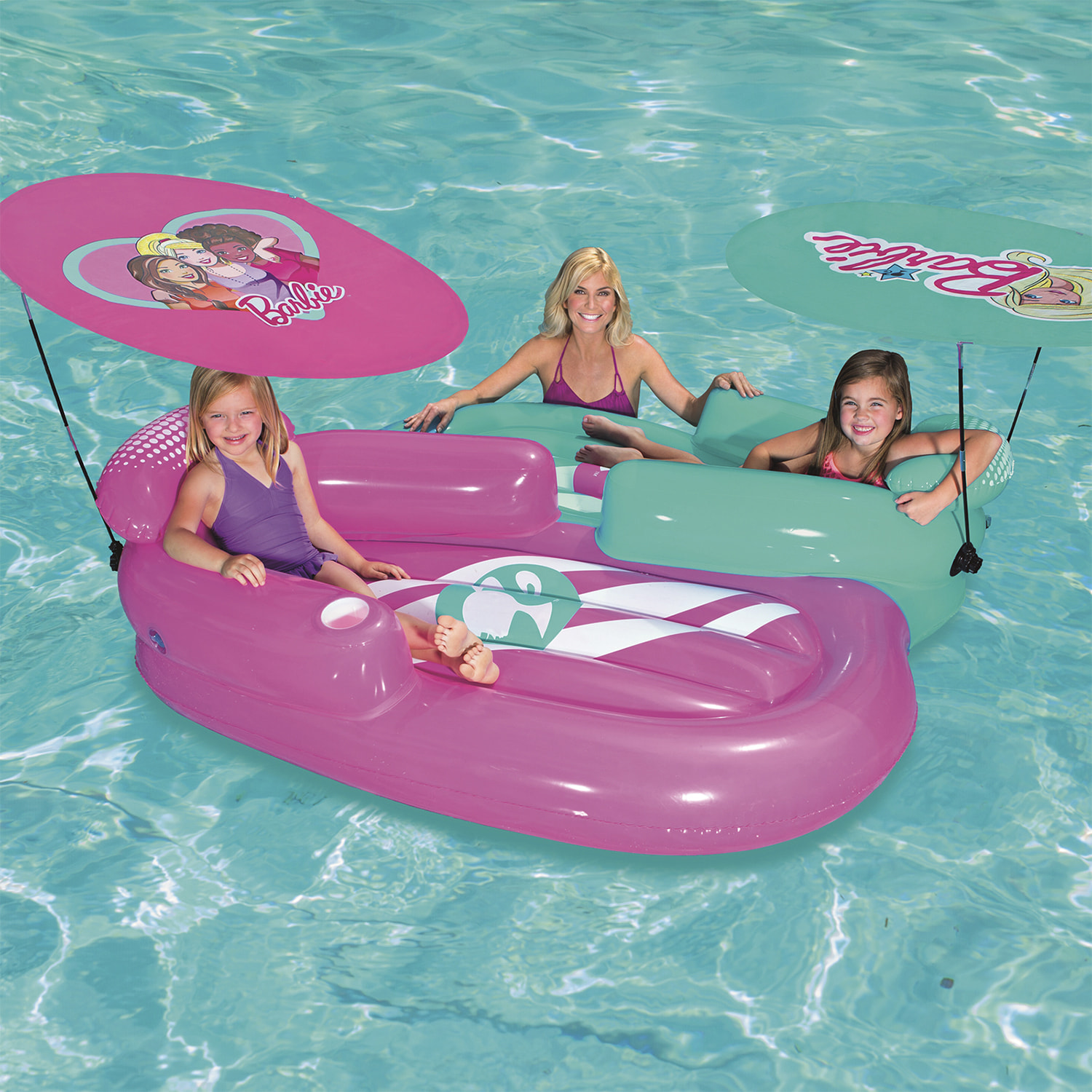 BARBIE SET DI DUE MATERASSI INFLABILI CON OMBRELLONE SPORTY GIRL 178X170CM ETÀ 4-10 ANNI