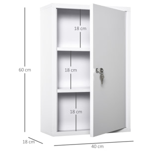 kleankin Armario Botiquín de Pared Botiquín de Emergencia de Metal con 3 Estantes de Almacenaje y Cerradura con 2 Llaves para Baño Cocina 40x18x60 cm Blanco