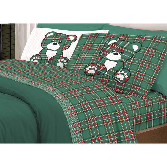 Completo Lenzuola in 100% Cotone Orsetto Tartan Verde