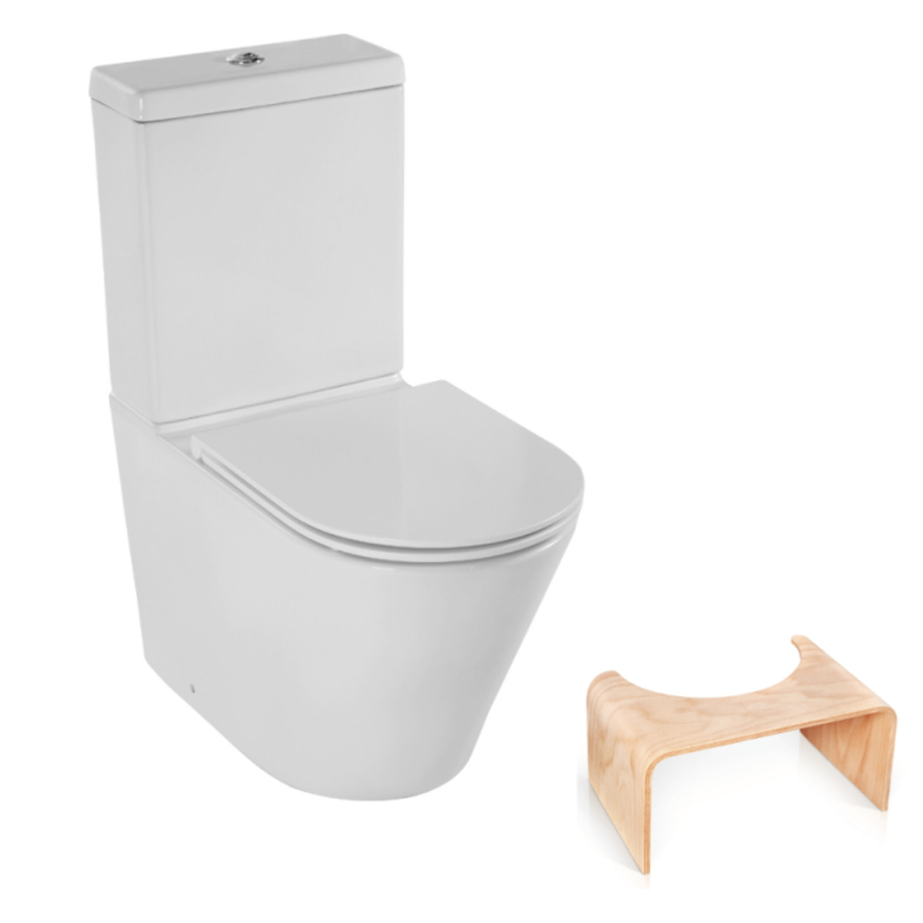 WC au sol sans bride Rodin+ sortie vario avec abattant +  tabouret physiologique bois