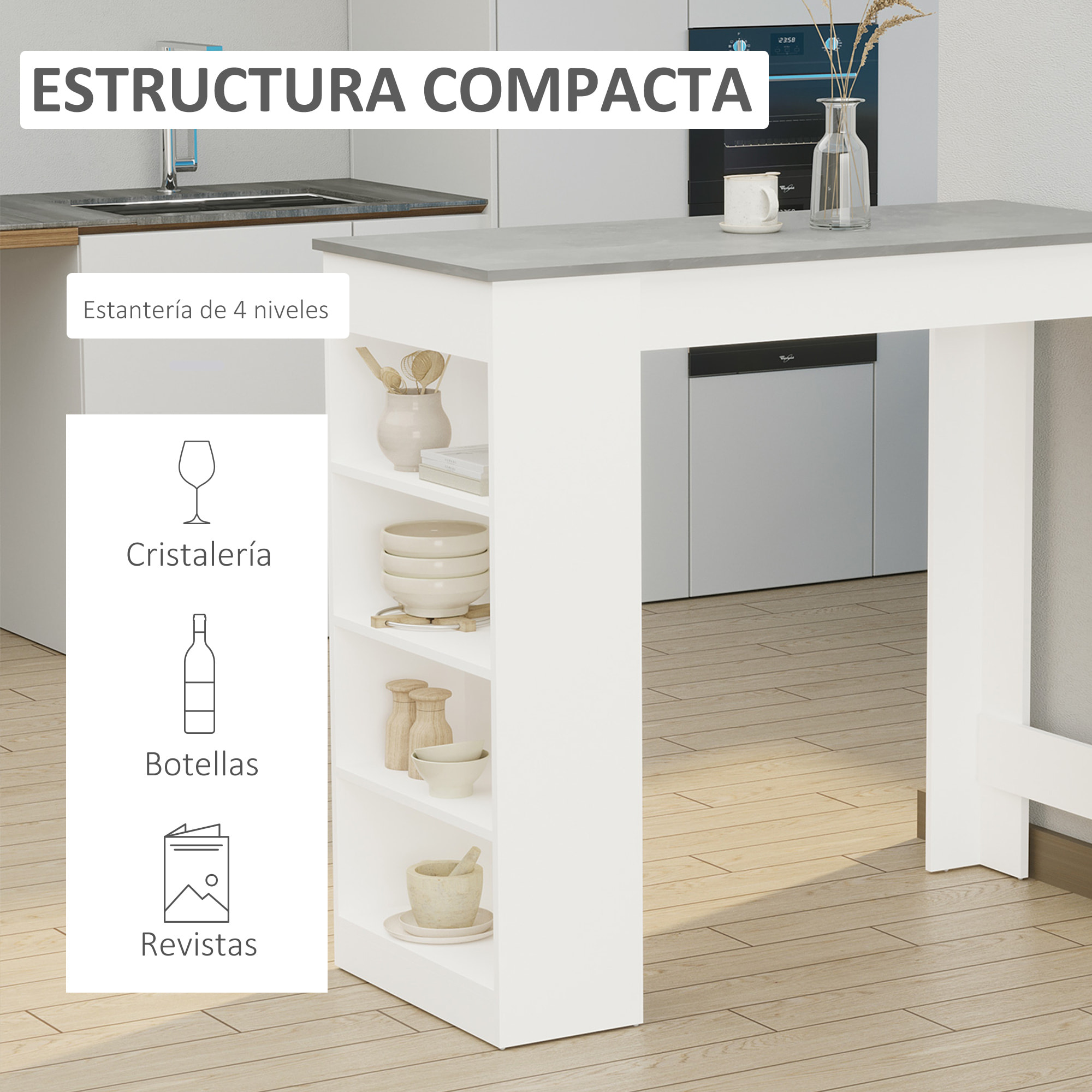 Conjunto de 2 Taburetes de Bar con Altura Regulable y Asiento Giratoria y Mesa de Bar con Estantería de 4 Niveles para Salón Comedor Cocina 41x51x97-117 cm 115x50x102,7 cm Blanco y Gris