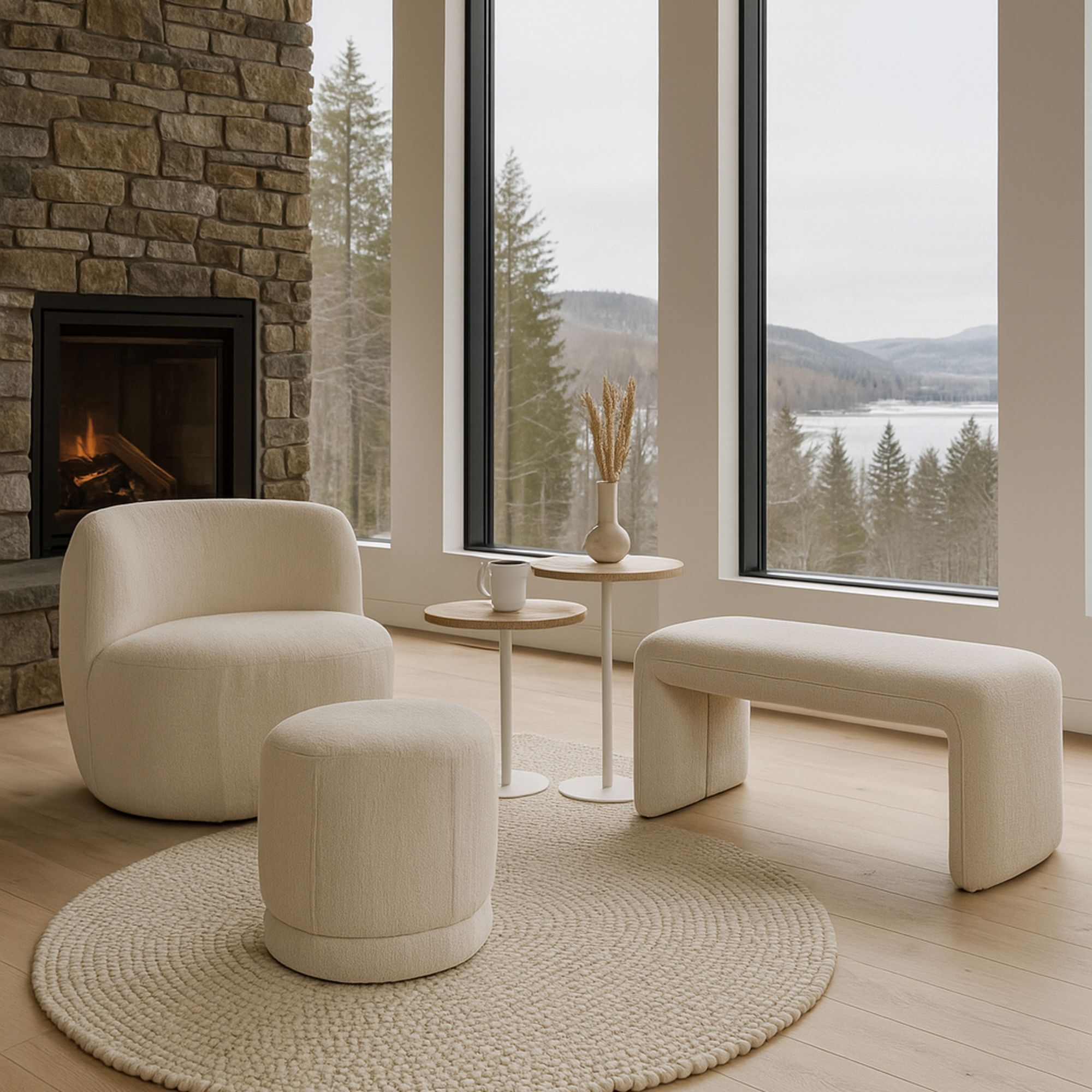 Fauteuil en tissu bouclette beige et structure en bois MALO