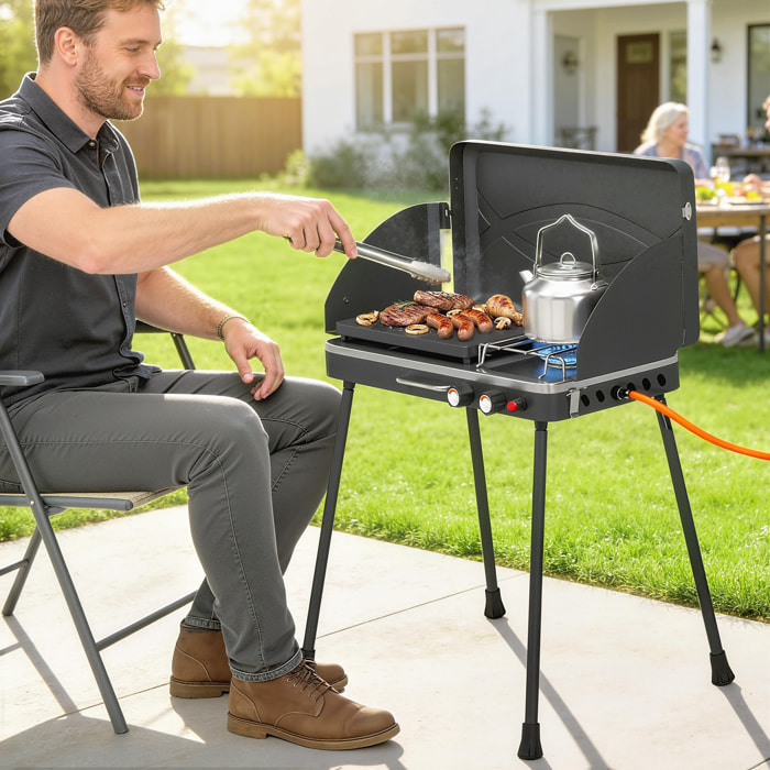 Outsunny Barbacoa de Gas Portátil 2 en 1, Barbacoa de Gas Propano 7 kW de Mesa o de Pie con Plancha Grande, Patas Desmontables, Protectores de Viento, para Picnic, Camping, Negro