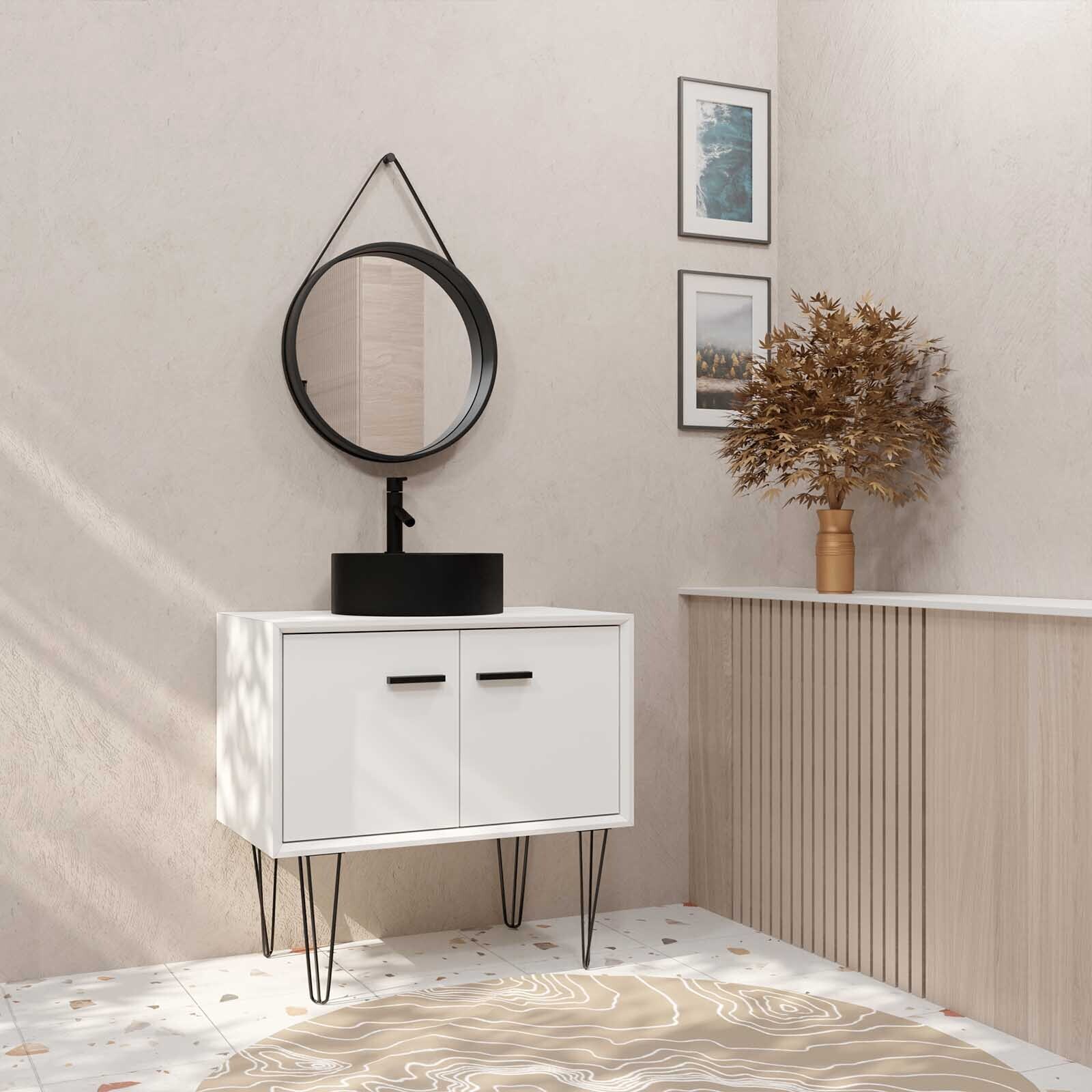 Meuble Salle de Bains 80cm Blanc et Noir sur pieds - 2 portes - Vasque Ronde et Miroir Barbier Noir