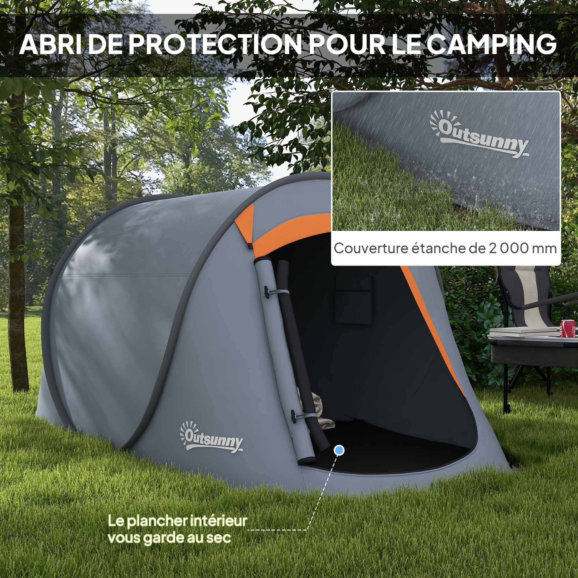 Tente de camping automatique pop-up 2-3 pers. étanchéité 2000 mm sac gris