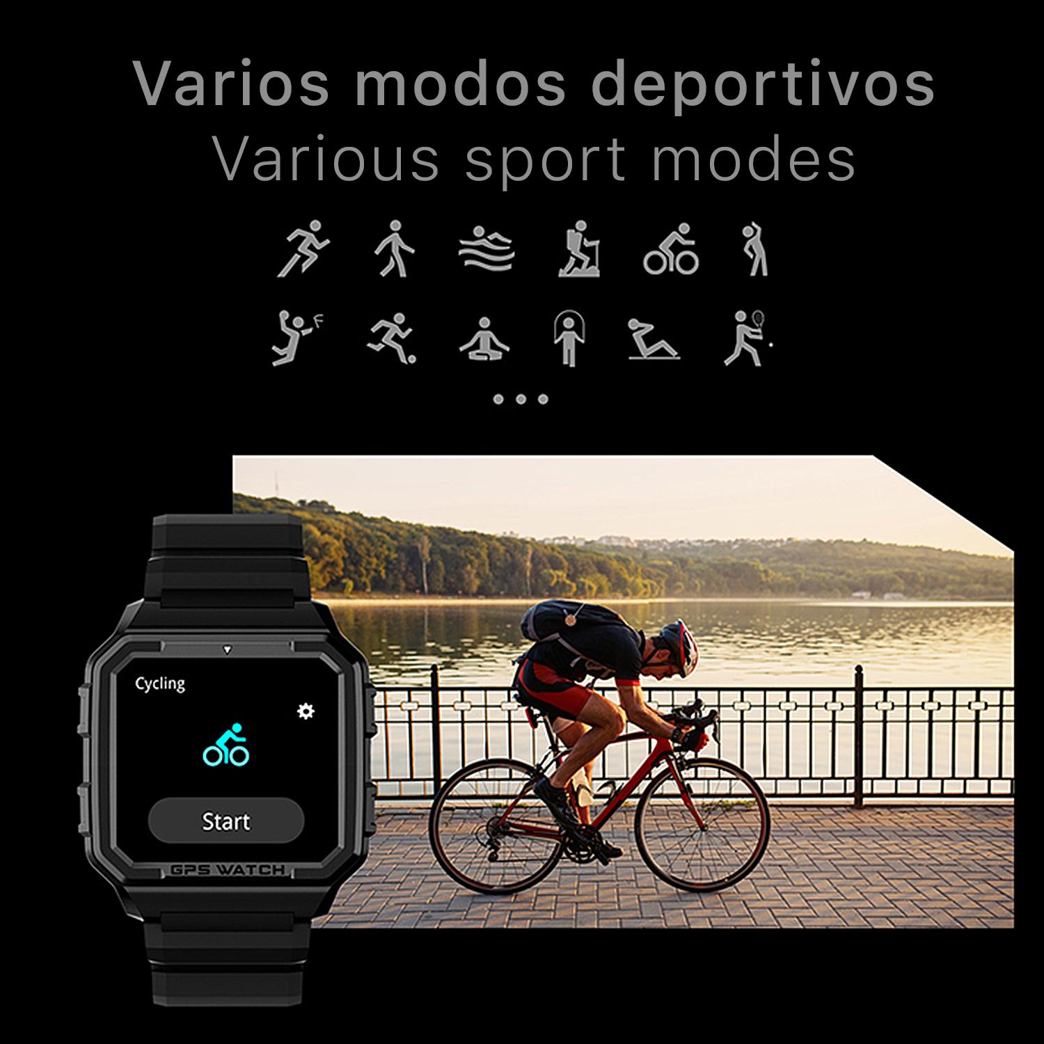 Smartwatch Alpha Pro con GPS, monitor cardiaco. Varios modos deportivos, notificaciones de apps.