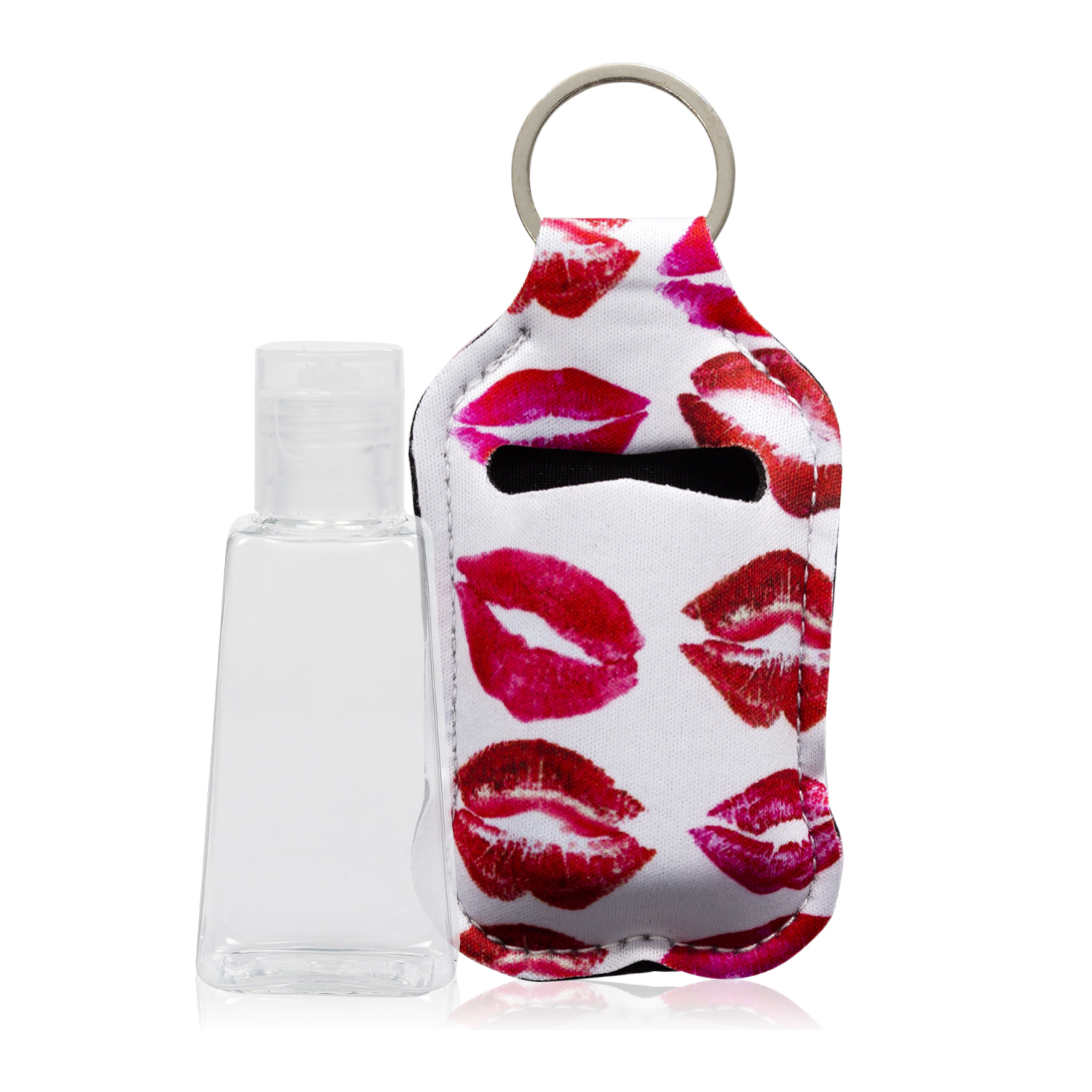 Portachiavi bottiglia igienizzante mani alcool ricaricabile 30ml tessuto design baci.