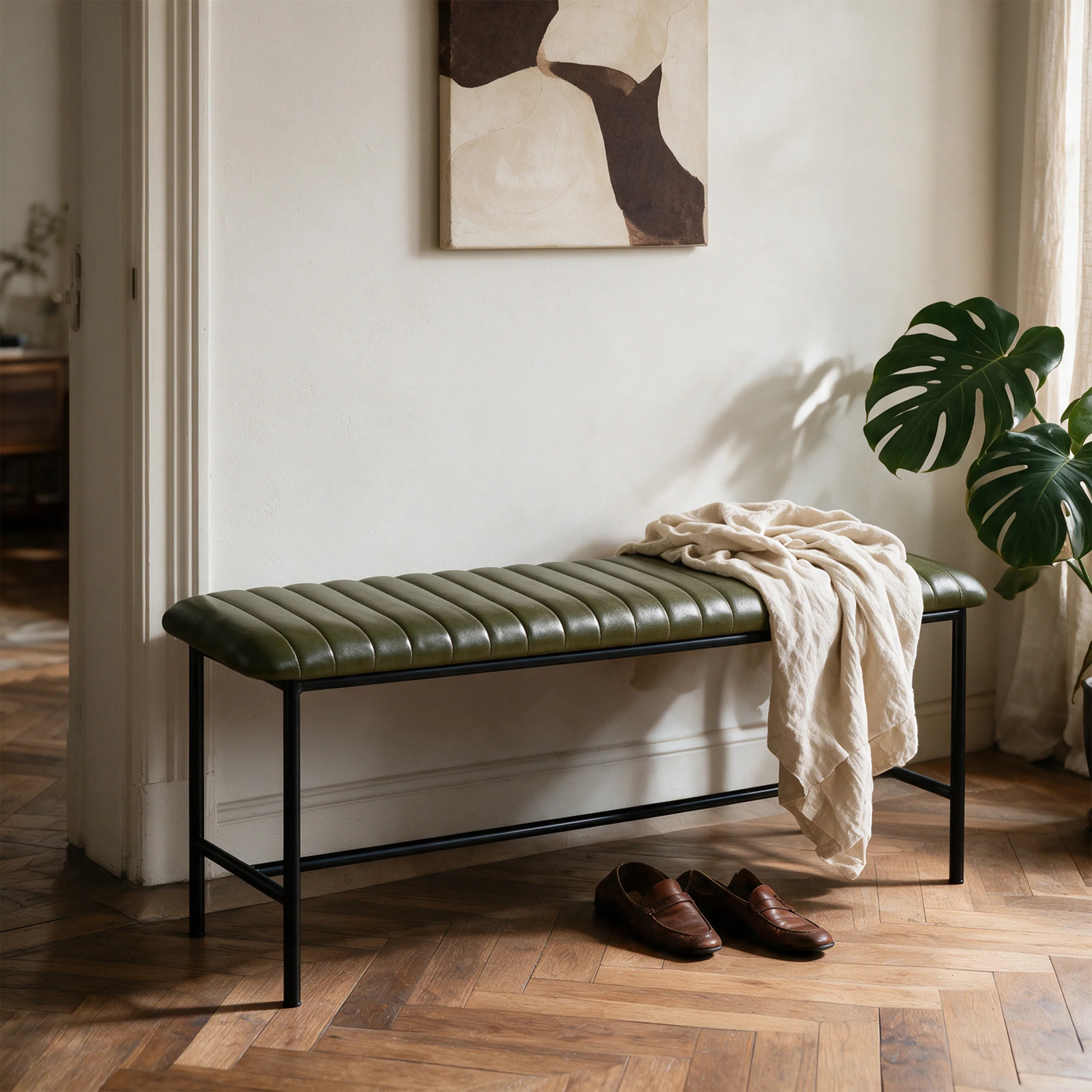 Banc 100 cm en cuir de buffle vert - Émile