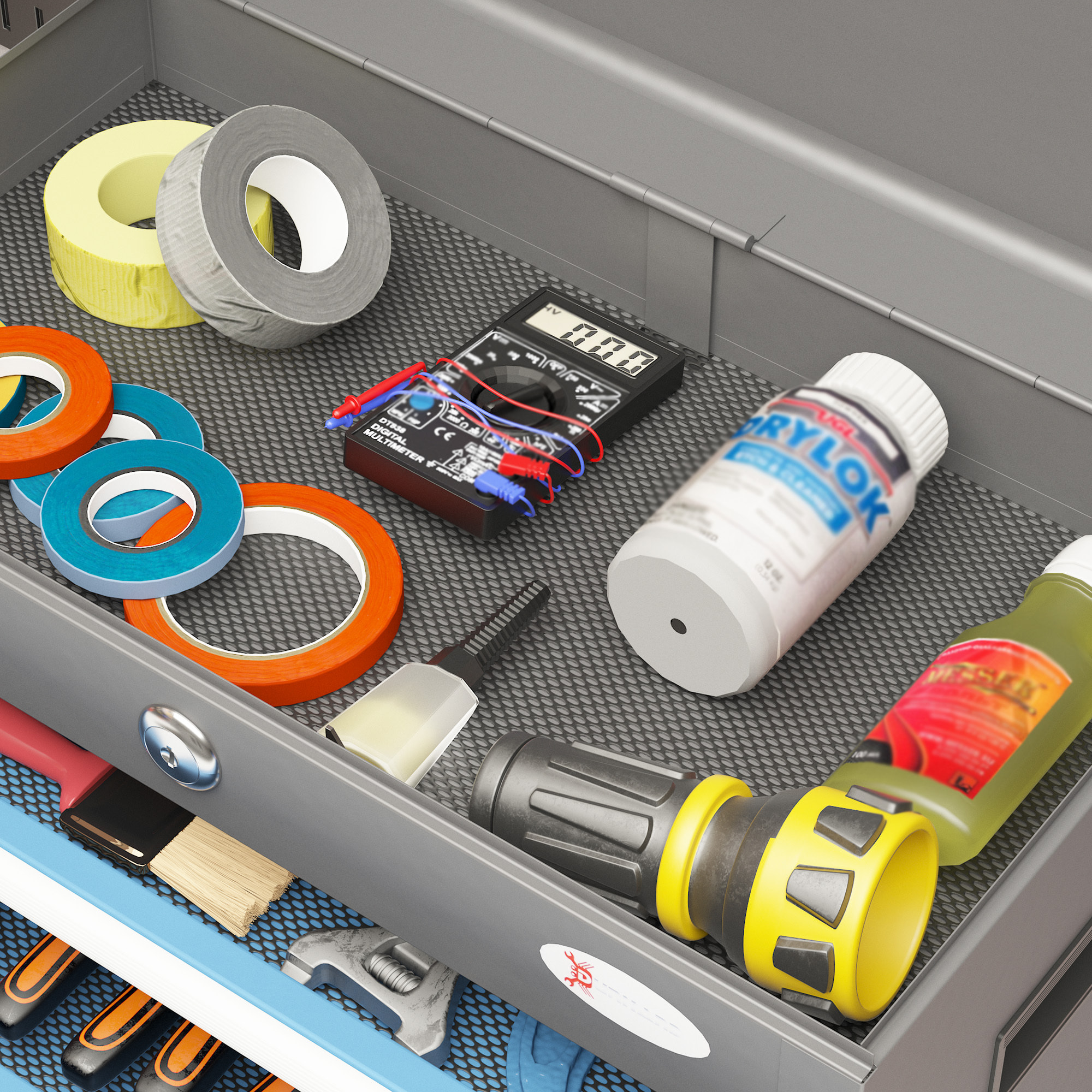 DURHAND Caja de Herramientas Metálica Maletín de Herramientas con 4 Cajones Bandeja Superior Cerradura y Asas Laterales Carga 20 kg 45x24,5x32,5 cm Gris y Azul