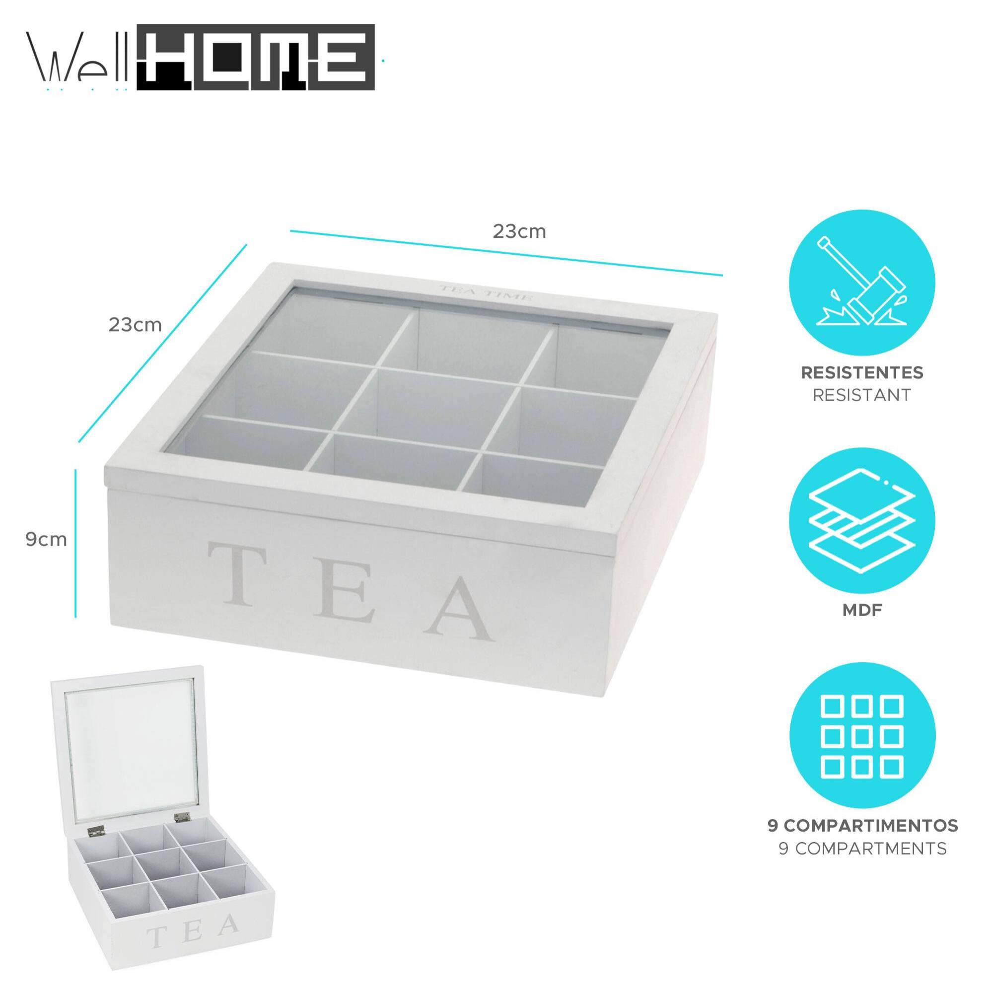 caja de té mdf con 9 compartimentos, 23x23x9cm, color blanco