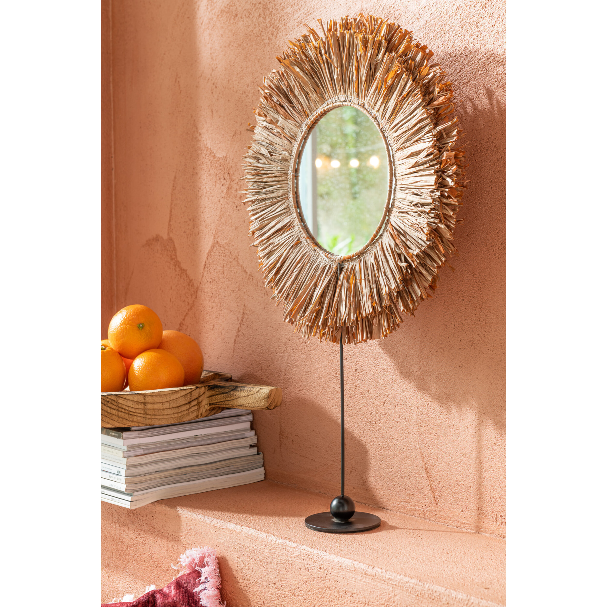 J-Line miroir Rond sur pied - osier/raffia - marron -  41 x 50 cm