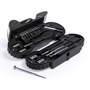 Set di attrezzi Mostik con 21 accessori in custodia con design motociclistico e torcia a LED integrata da 4 LEDs, batterie incluse.